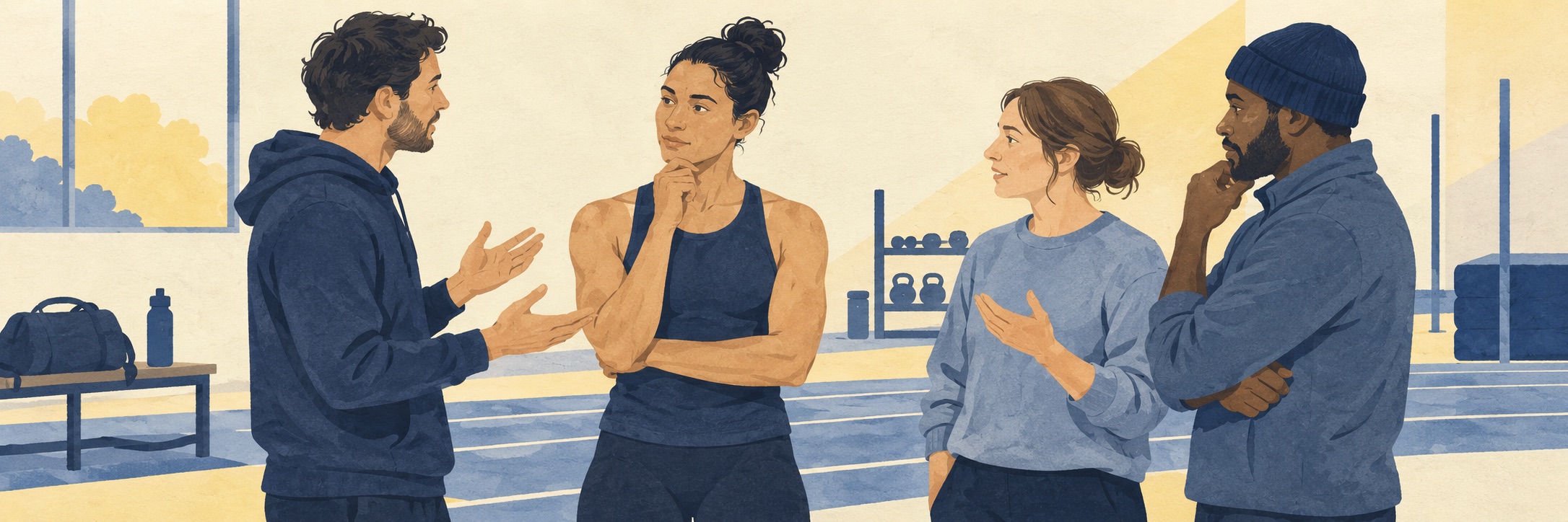 Ilustracja zawodniczki słuchającej kilku osób podczas rozmowy.